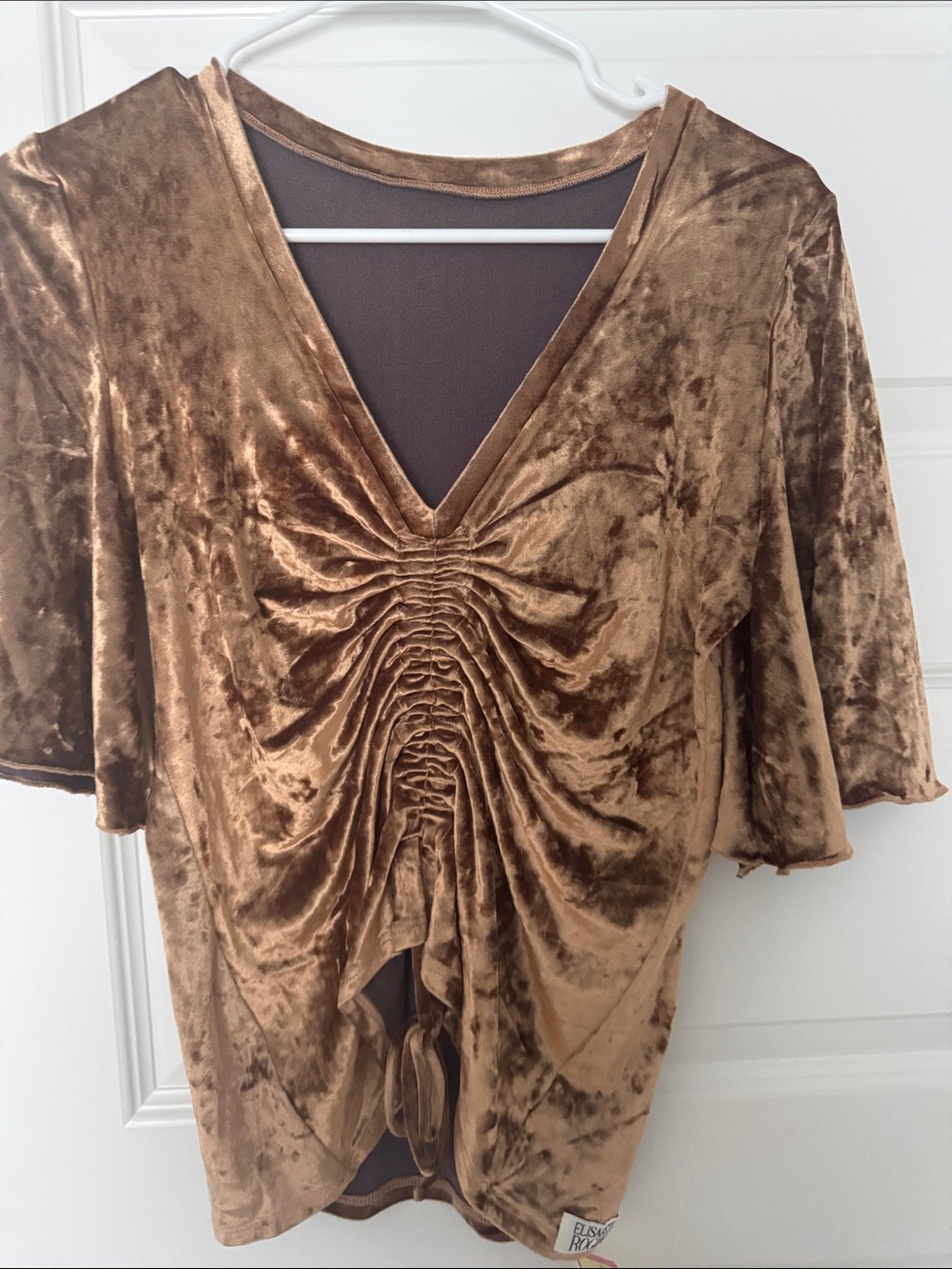 Women's Brown Velvet Ruched V-Neck Blouse with Tie Detail